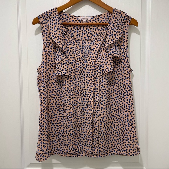NANETTE LEPORE Pink And Blue Polka Dot Sleeveless Blouse Size Large Flowy Ruffle - Picture 2 of 13